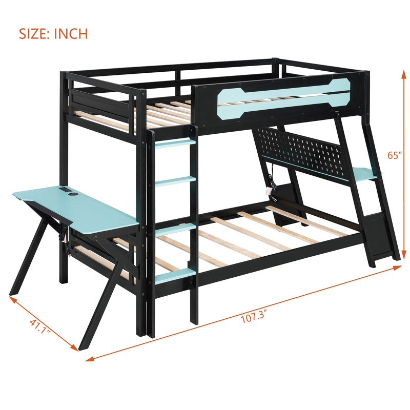 Twin Size Bunk Bed with Two Built-In Gaming Desks, USB Desktop Ports & Pegboard Organizer, Gaming Bunk Frame for Gamer, Cloud Blue