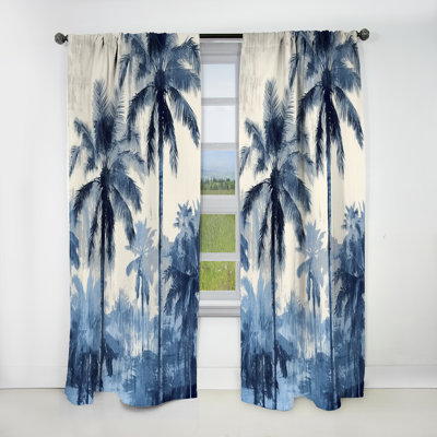 Vintage Blue Palm Trees Shadows II - Palms & Palm Trees Velvet Blackout Floral Curtain - 1 Panel