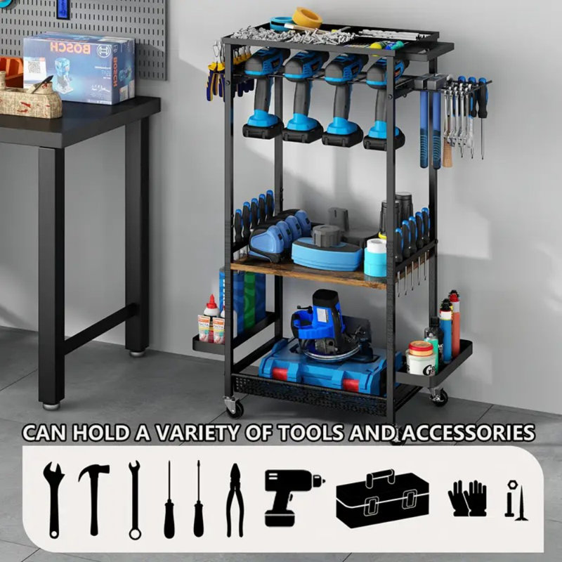 Heavy Duty Metal Garage Organizer with Wheels - Workshop Tool Storage Rack for Tools and Accessories, Black