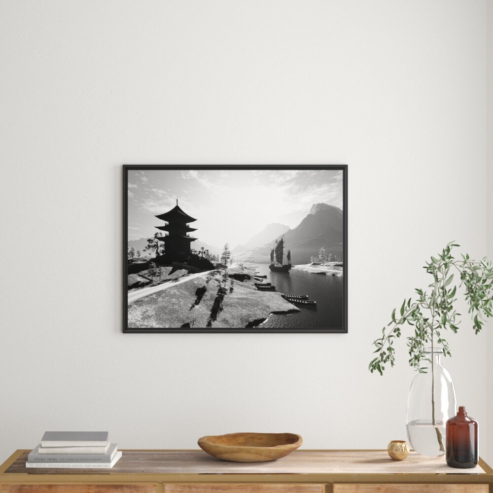 Gerahmtes Wandbild asiatischer Tempel an Fluss