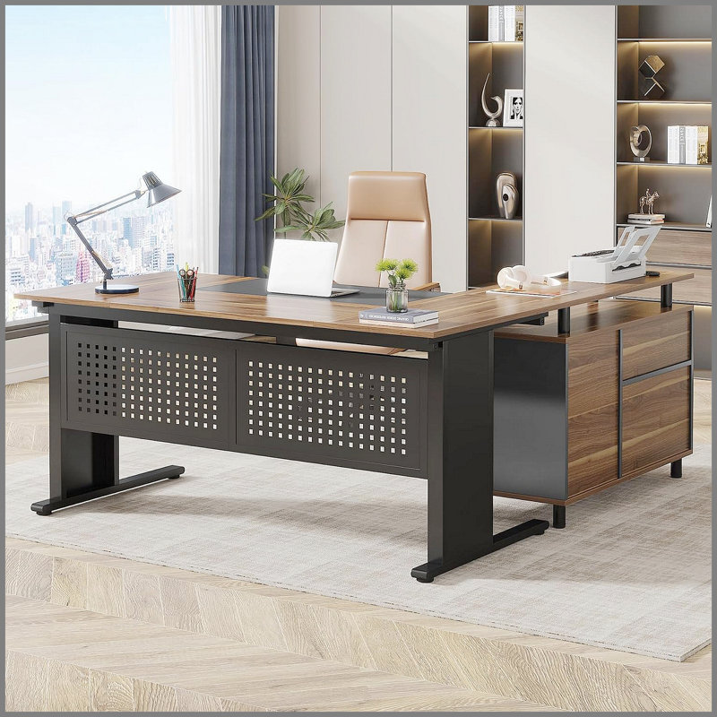 Bureau de direction en L de 63 pouces avec classeur, poste de travail moderne spacieux pour la maison et le bureau, brun rustique et finition noire