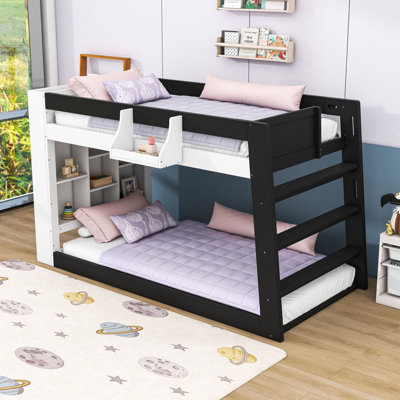 Twin Over Twin XL Bunk Bed with Shelves and Upper Guardrail Storage Basket
