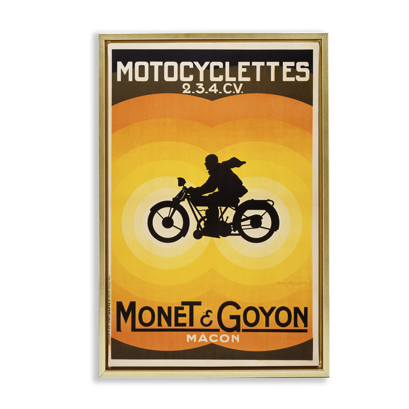 Cadre flottant rétro avec publicité de moto, design par Marcus Jules, H 25 po x l 17 po, Cadre flottant métallique doré