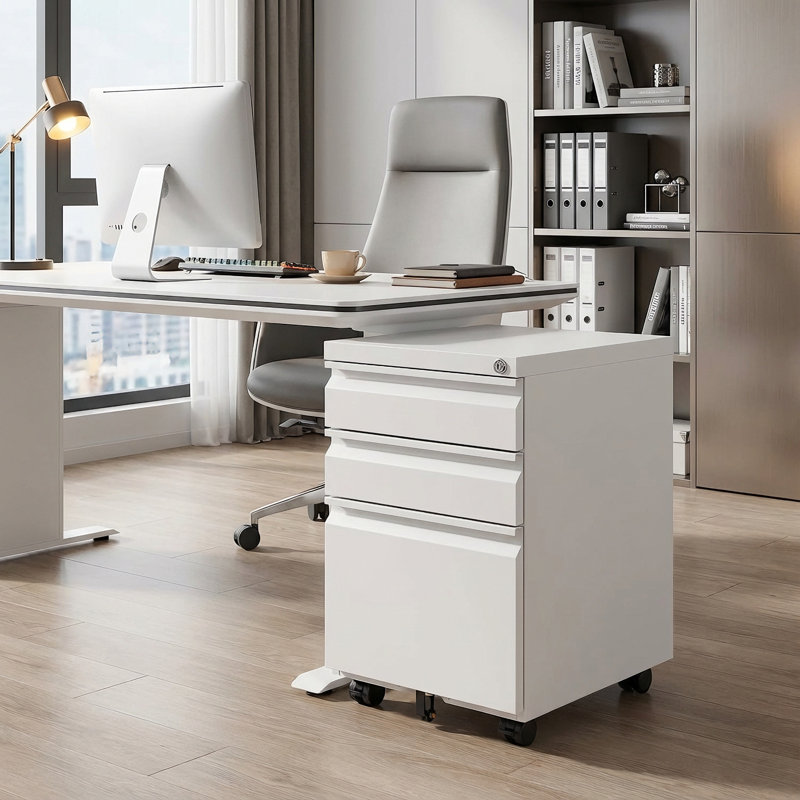 3-Drawer Mobile File Cabinet with Lock, White Metal Storage for Office & Home Office, Fits Legal and Letter Files