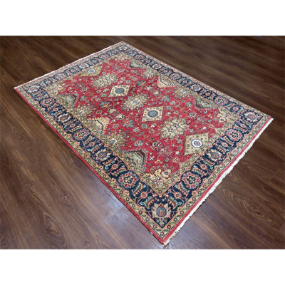 5'0" x 6'10" Harvard Crimson Red, 100% Wool, Hand Knotted, Karajeh Design Rug