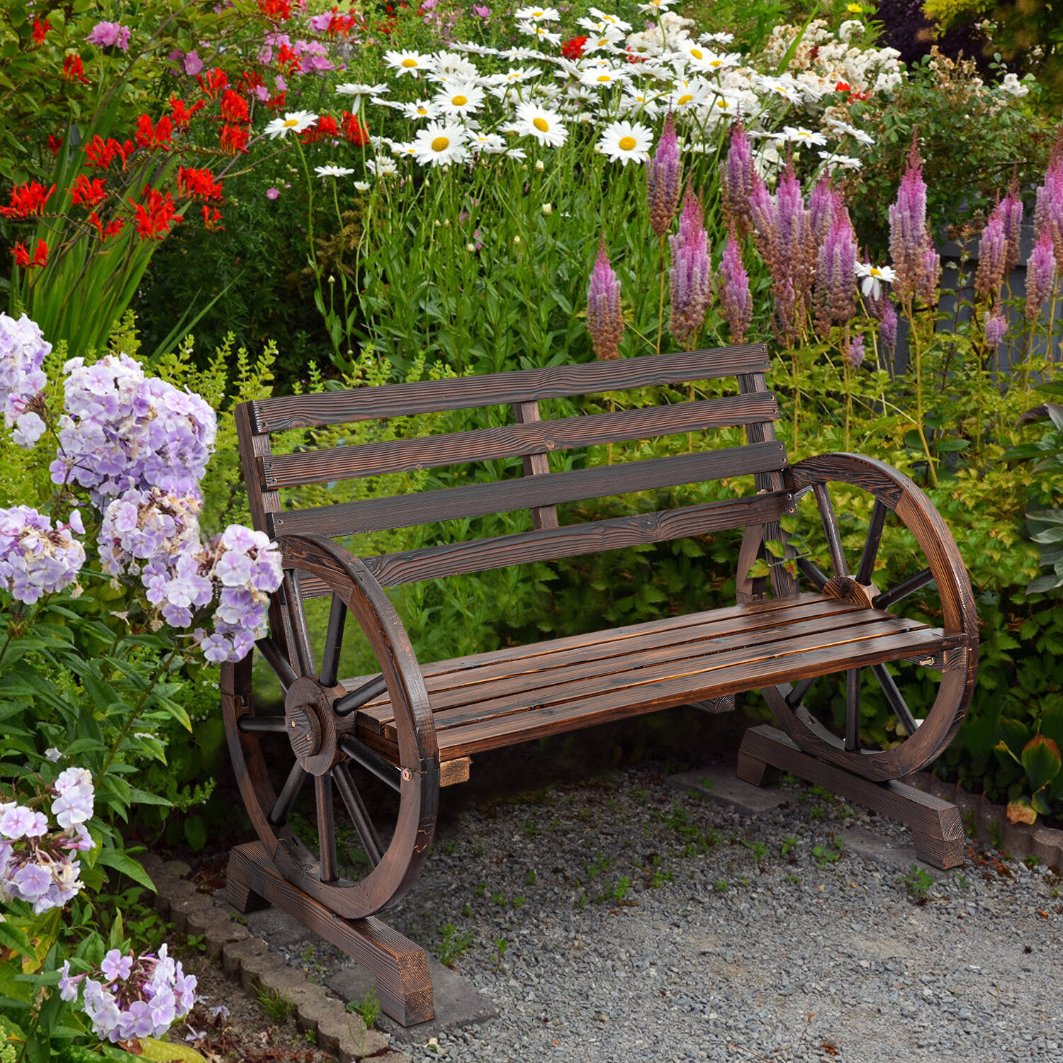 Loon Peak Wagon Wheel Bench, Garden Bench For Outdoor, Wooden Outside ...