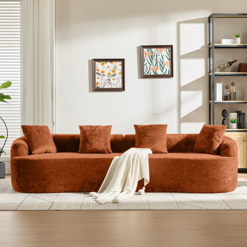 110" Orange Chenille Sectional Sofa, No Assembly, Deep Seat with 4 Pillows & Curved Design, Orange Chenille