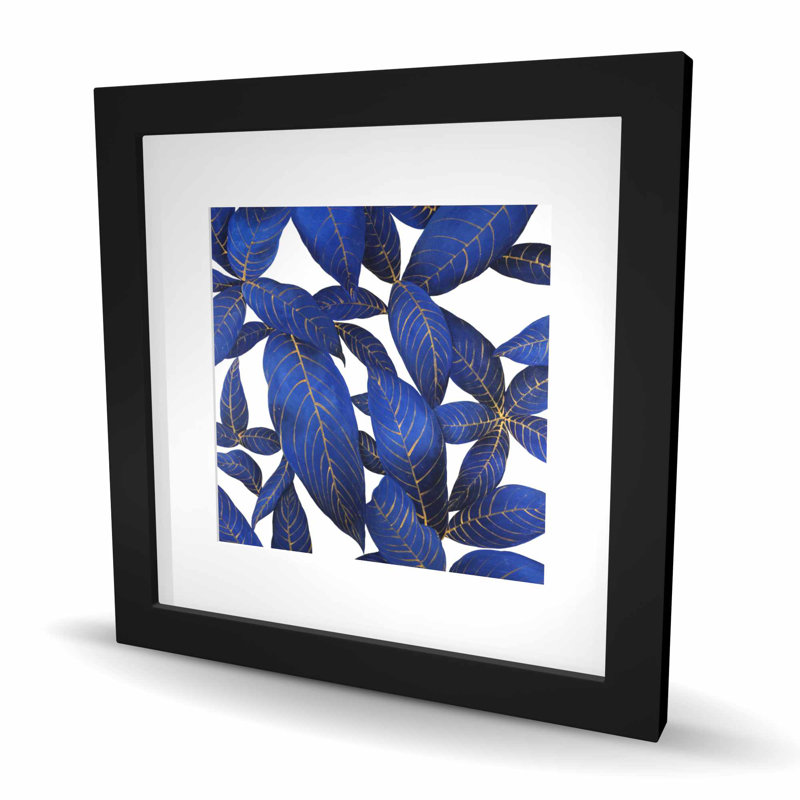 «Abstract Modern Blue Leaves - Exotic Floral», reproduction encadrée, Noir, H 16 po x l 16 po
