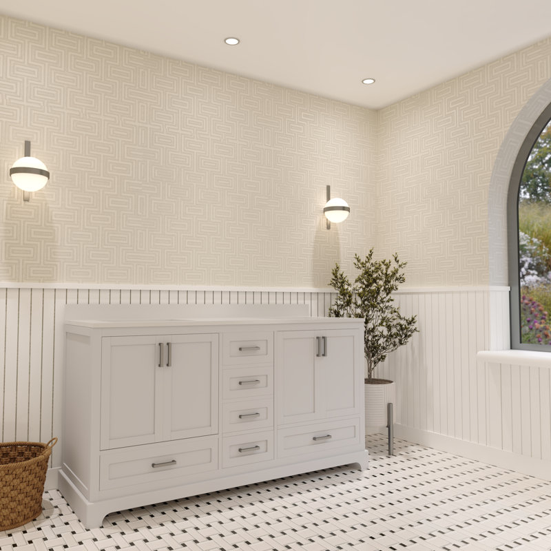 Meuble-lavabo double autoportant 60 po avec plateau en quartz blanc Maya, Blanc