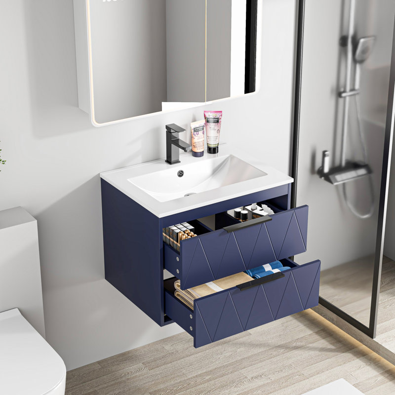 Ensemble de meuble-lavabo mural simple Sharee avec comptoir d'évier, robinet et drain en alliage de zinc, armoire flottante avec tiroirs à fermeture en douceur