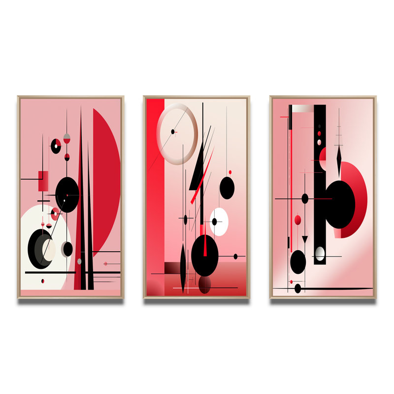 "Oracle circulaire géométrique en noir et rose", 3 pièces sur toile, Cadre naturel flottant, H 32 po x l 48 po