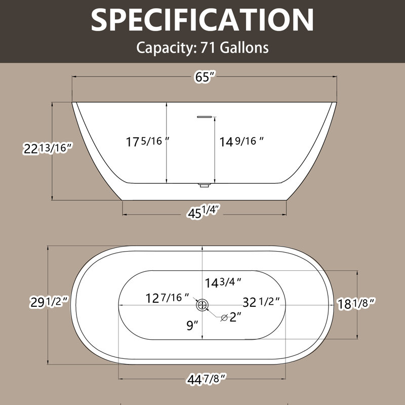 65'' x 30'' Freestanding Soaking Tub  Stand Alone Acrylic Bathtub with Center Drain, Glossy White