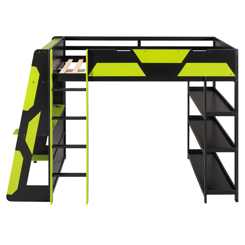 Lit mezzanine pleine grandeur avec bureau, tablettes et lumières DEL, noir et vert