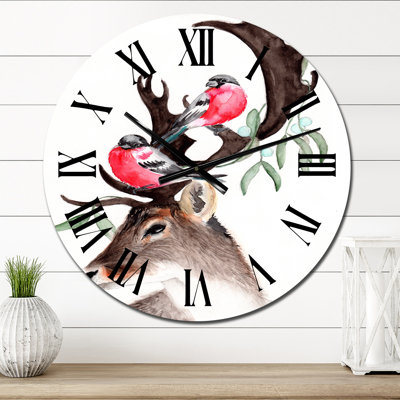 Horloge murale traditionnelle cerf avec deux bouvreuils rouges
