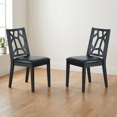 Latrix Dining Chairs Set of 2, Model : LTC-48-57, Solid Wood Frame with Textured Faux Leather Padded Seat, Sleek Geometric High-Back, Ebony Black