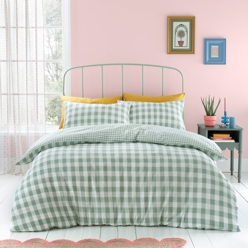 Seersucker Gingham Check Duvet Cover Set, 200 x 200 cm, Green