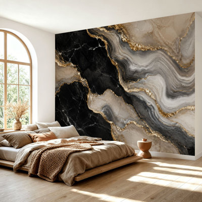 Wall Mural Peel and Stick Wallpaper abstract black marble agate mosaic golden veins japanese kintsugi Self-Adhesive Removable Contact Paper Wall Decor for Living Room Bedroom 69"H x 96"W