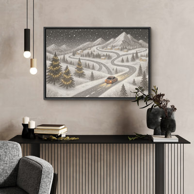 «Christmas Holiday Celebration», voiture de Noël rétro sur une route de montagne enneigée avec arbres illuminés, impression sur toile