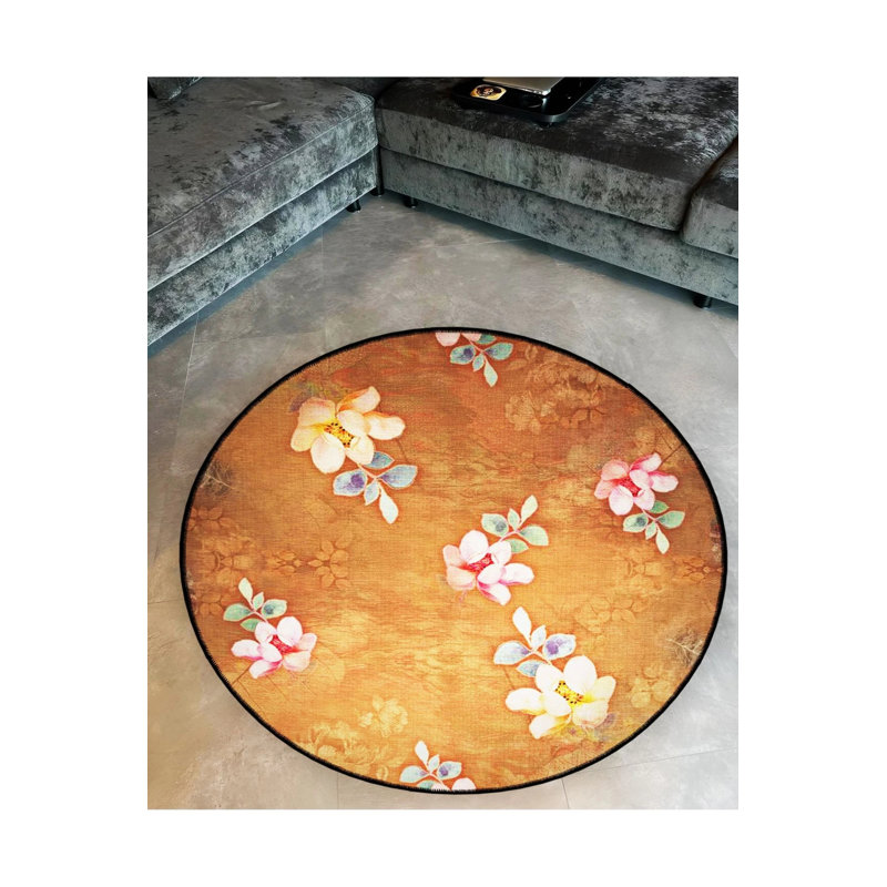 Dark Beige Themed Floral Patterned Round Woven Base Modern Decorative Carpet, Round 5'
