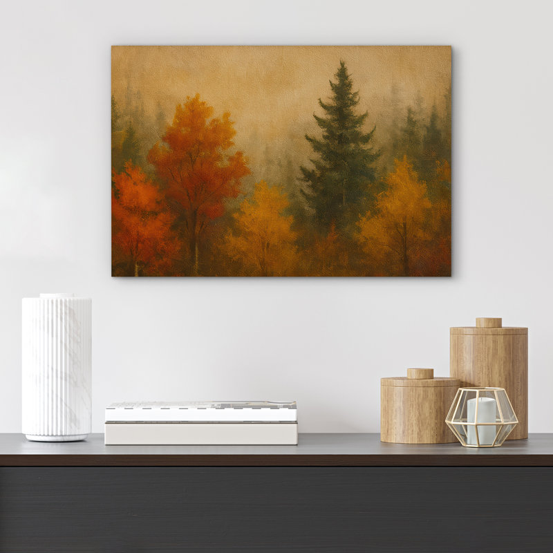 «Golden and Amber Autumn Trees Misty Forest Landscape», reproduction d'art sur toile encadrée, H 24 po x l 36 po