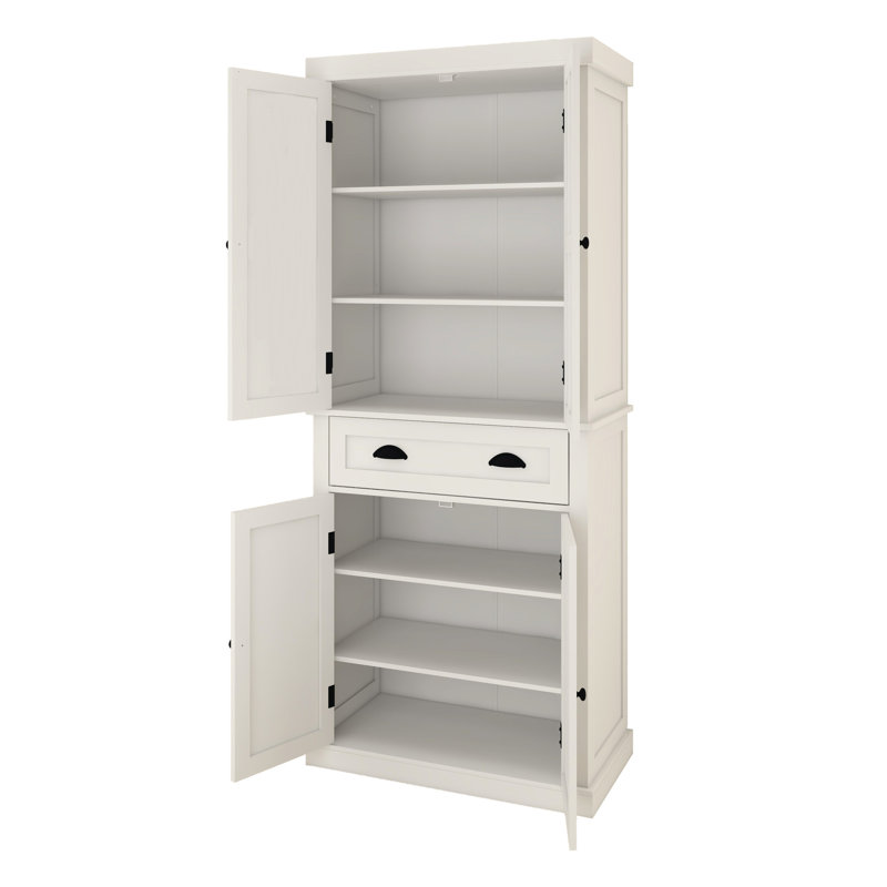 Armoire de rangement pour garde-manger de 71 po en blanc, 4 portes, tiroir, 2 tablettes réglables. Autoportante pour la salle à manger, la salle de séjour, la lessive. Armoire design avec tablettes - blanc.