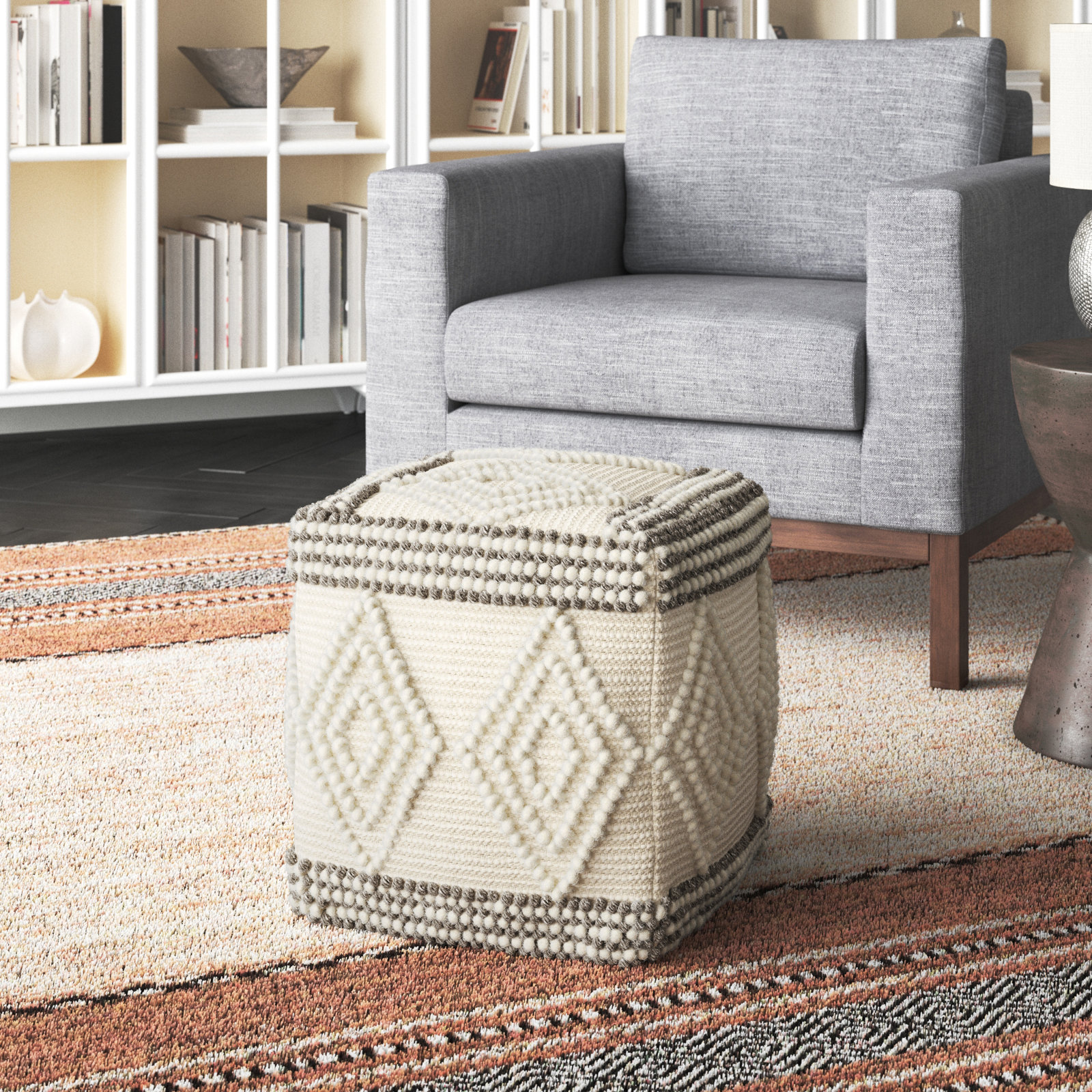 Tribeca Upholstered Pouf, Brown/Beige Cotton Blend