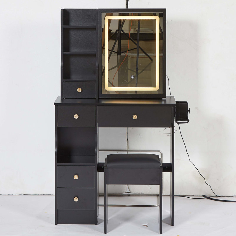 Small Size Left Drawer Desktop Vanity Table + Cushioned Stool, 2 AC+2 USB Power Station, Hair Dryer Bracket, Extra Large Touch Control Sliding LED Mirror, Tri-Color Switching, EPA,GCC,UL Certificate