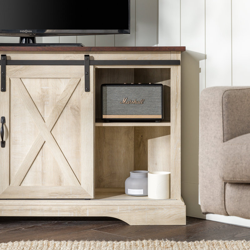 Bevus 52" Corner TV Stand with Sliding Doors for TVs up to 60", Traditional Brown/White Oak