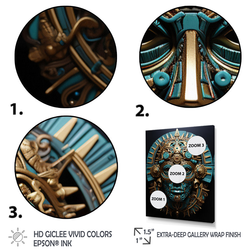 «Grandwood Gold Teal Mexico Vibrant Aztec Mask I», reproduction d'art sur toile, H 32 po x l 16 po x P 1 po, Toile tendue