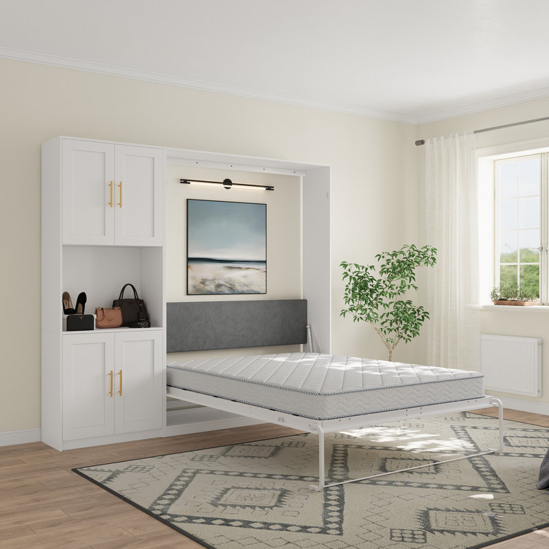 Queen Farmhouse Murphy Bed With 1 Storage Cabinets,Space-Saving Wall Bed For Multipurpose Room, White