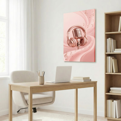 Rose Gold Microphone And Headphones With Musical Notes Canvas Wrapped Wall Art Oil Painting Print Set Of 1