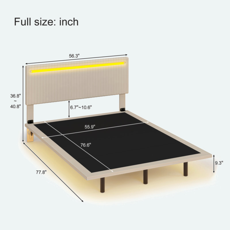 Velvet Fabric Floating Bed Frame with LED Lights, Beige, Full