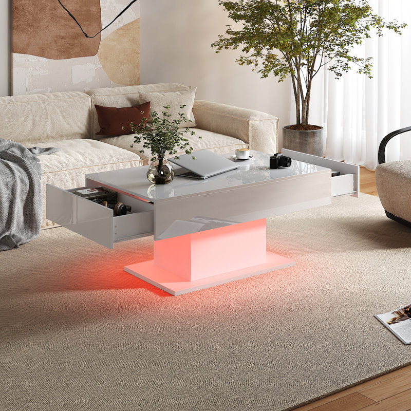 Table de salon moderne à DEL ultrabrillante avec 2 tiroirs de rangement, Blanc, H 19 po x L 21 po x l 43,3 po