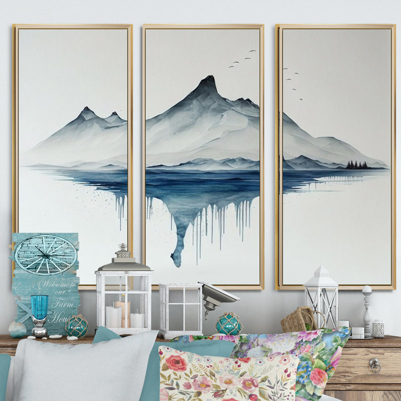 «Blue and Gray Mountain Lake Reflection I», reproduction de 3 pièces, Cadre noir, H 28 po x l 36 po x P 1 po