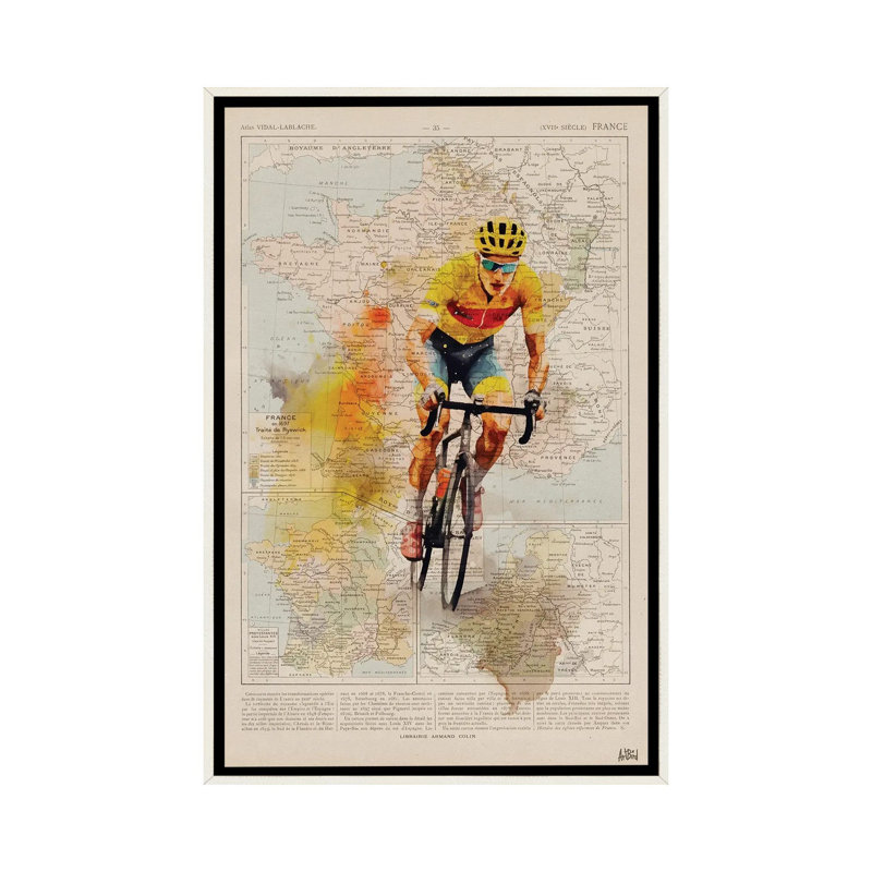 Tour de France, aquarelle, Toile encadrée flottante blanc vieilli, Pas de tapis, H 26 po x l 18 po x P 1,5 po