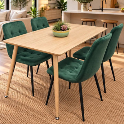 Wood Dining Table Set with 4 Velvet Chairs Kitchen Dining Furniture Set