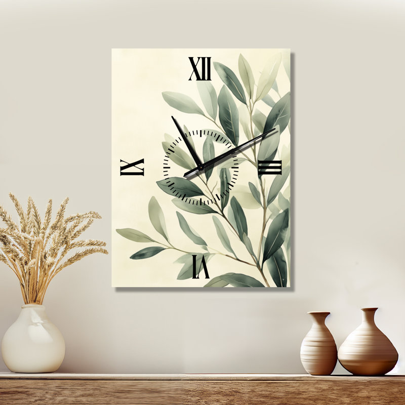 Horloge murale botanique en métal « Branche d'olivier d'eucalyptus doux II », H 32 po x l 24 po - Rectangle