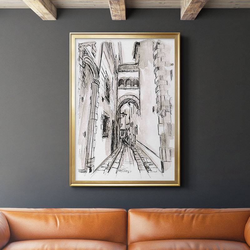 «Europe Street Sketches II», reproduction encadrée de qualité supérieure - prête à être accrochée, Or