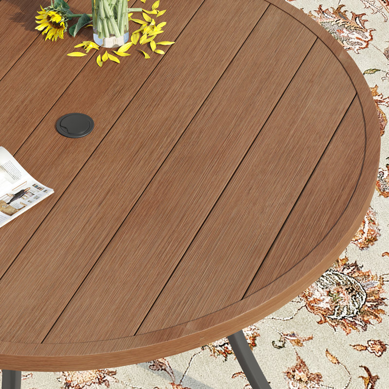 Melisent Round Metal Outdoor Dining Table With Umbrella Hole , 41.7'' in. W 41.7'' in. D, Brushed Wood Brown