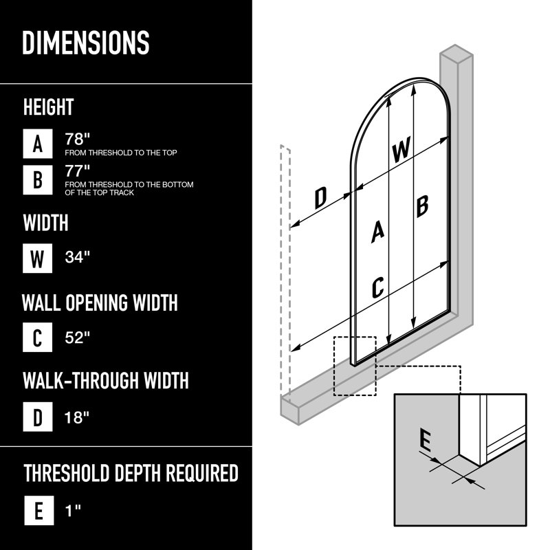 Arden 34" W x 78" H Fixed Framed Shower Screen with 3/8" Clear Glass, Matte Black