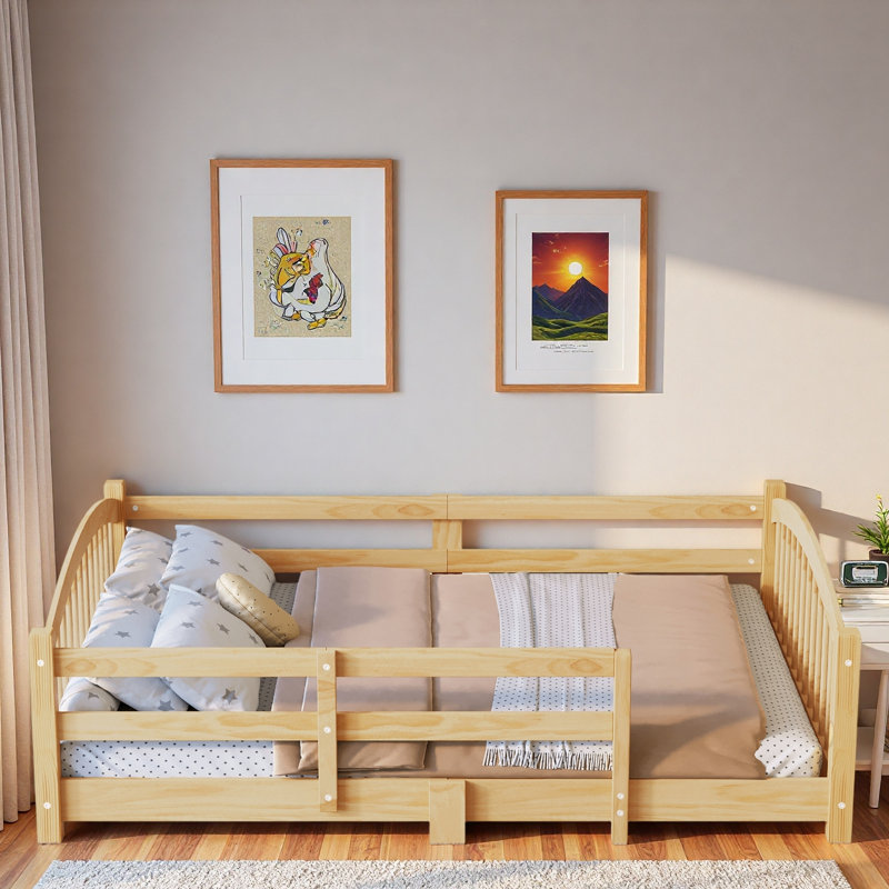 Lit de plancher avec lattes et barrières de sécurité, Lit double, Naturel
