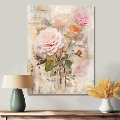 Pink Rose Retro Collage Illustration - Roses Wall Art