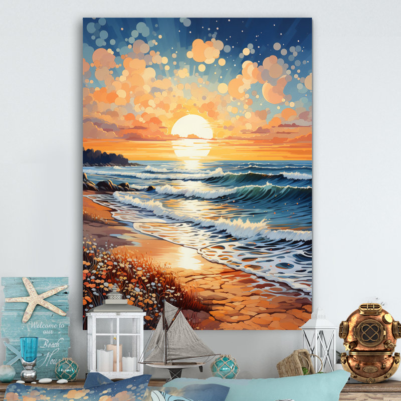 Beach Sunkissed Sands Pointillism I - Nautique et plage, reproduction d'art en métal, H 20 po x l 12 po x P 1 po