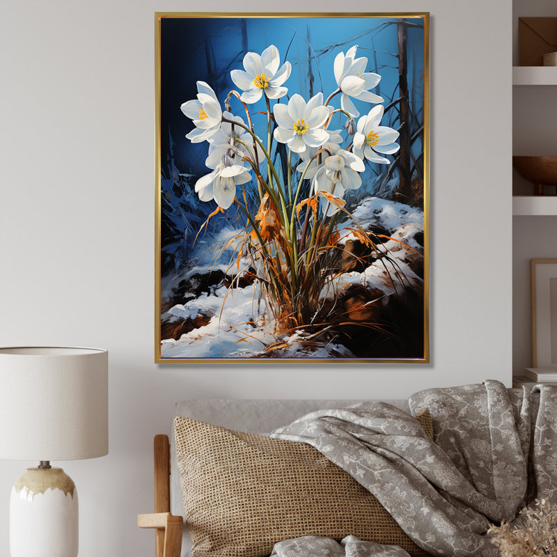 Vert neige, fleurs d'hiver I, Cadre flottant doré, H 32 po x l 24 po x P 1 po