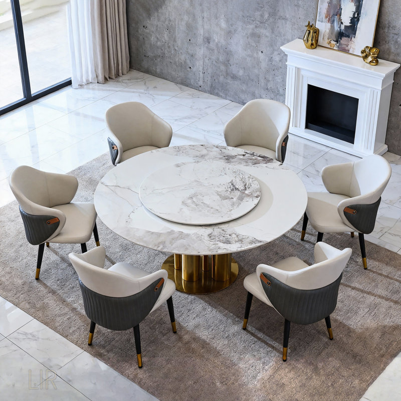 59 Inch Round Dining Table With 360° Rotating Lazy Susan, Stain & Heat Resistant Sintered Stone Top, Modern Minimalist Design For Compact Spaces
