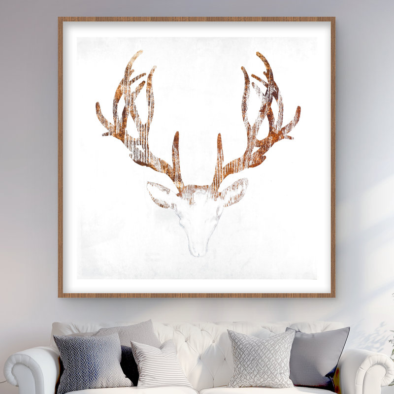 Tête de cerf à l'aspect de bois - animaux bruns, impression encadrée