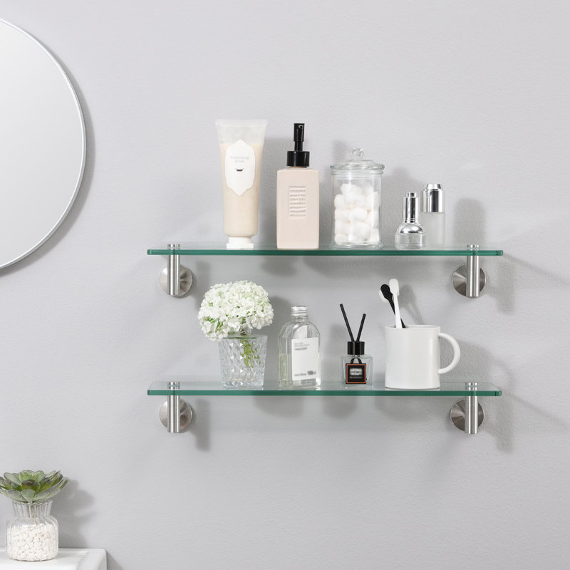 20-Inch Rectangular Bathroom Glass Shelf Glass With Rustproof Metal Bracket 2 Pack Brushed Finish