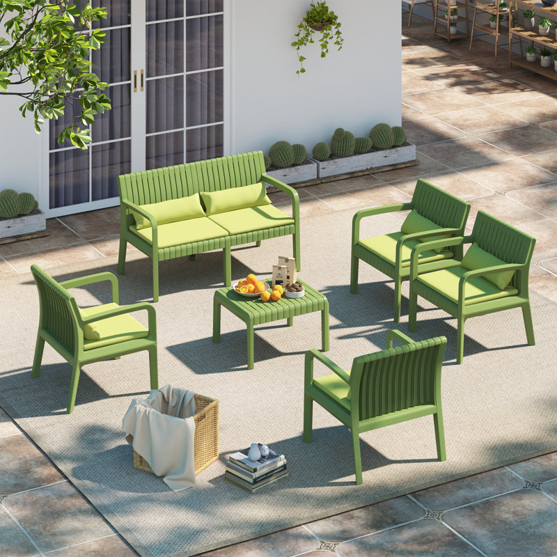 Ensemble de conversation d'extérieur 6 personnes avec coussins et table basse, Vert