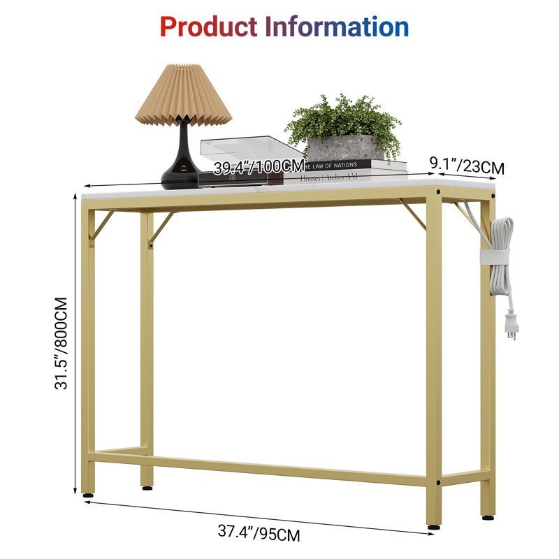 Console moderne étroite de 39,4 po avec station de charge intégrée et pieds en métal - table d'appoint mince pour le vestibule, le couloir ou le canapé derrière - capacité de 110 lb, facile à assembler, blanc