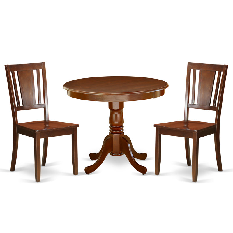 3 Piece Dining Set Contains a Round Kitchen Table with Pedestal and 2 Dining Room Chairs, 36x36 Inch, Mahogany, No